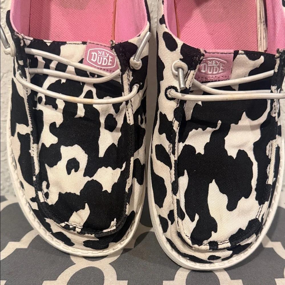 Hey Dude Kids Moccasins with Cow Print and Pink Lining